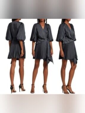 Acler Pleated‎ Wrap Mini Dress US 10 AU 14 Charcoal Gray Puff Sleeve Cocktail